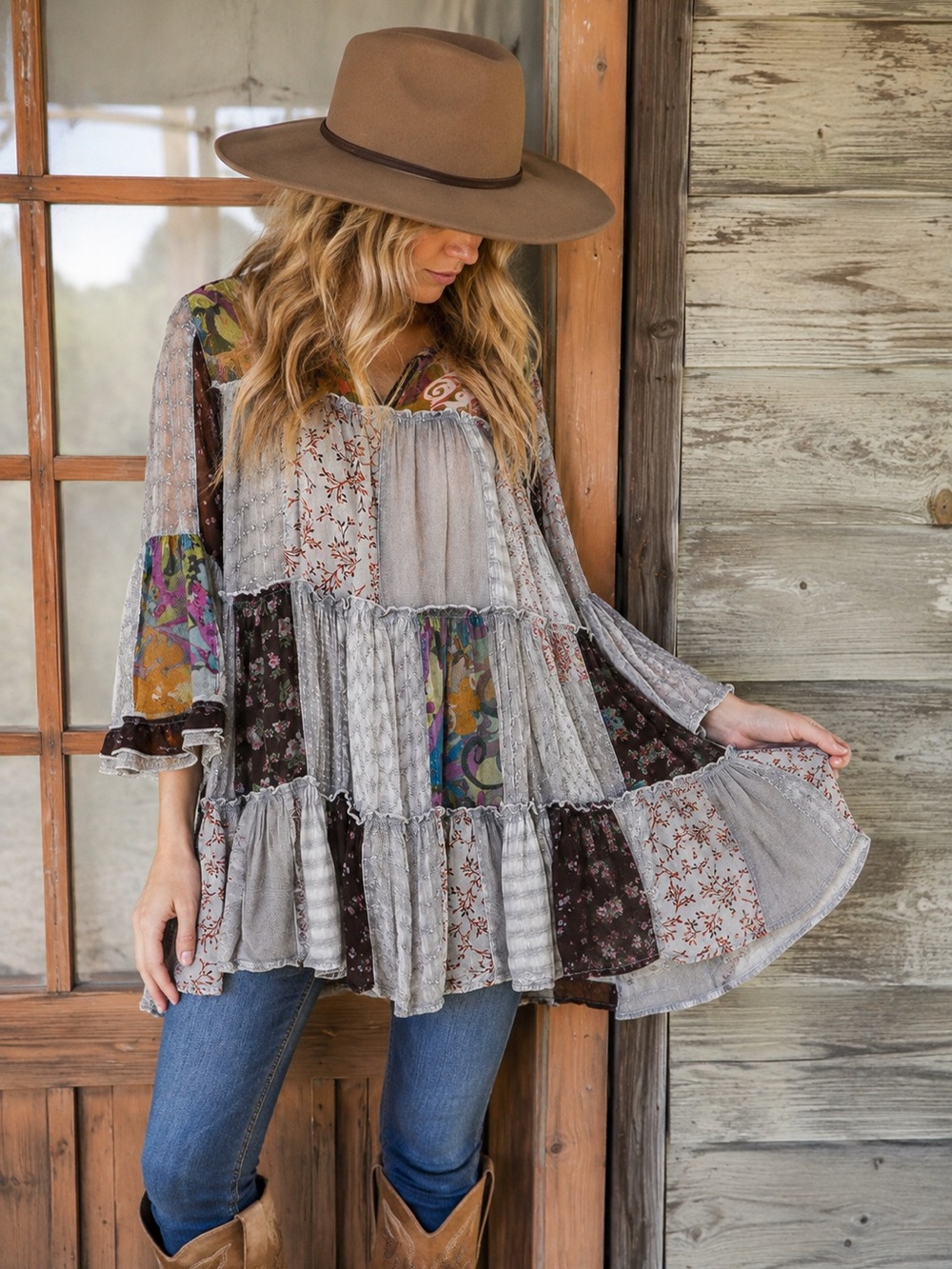 #203 New! Young Threads Patchwork Tiered Tunic Top